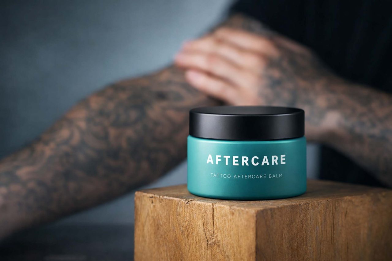 Fotografie eines Tattoo Aftercare Balms auf einem Holzblock mit tätowiertem Arm im Hintergrund.